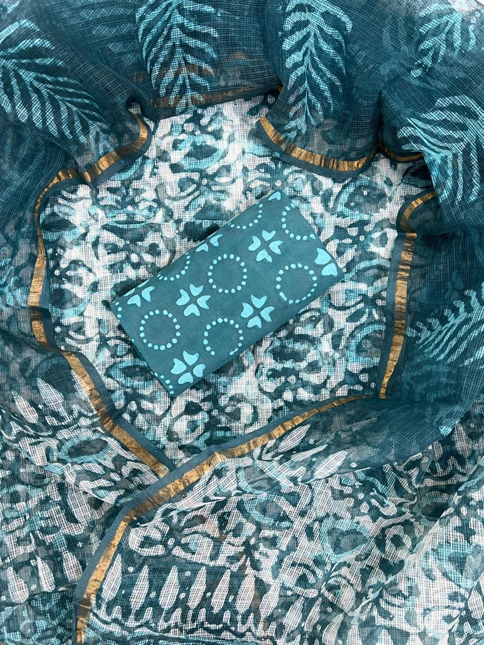 Teal Blue Bagru Hand Block Printed Kota Doriya Suit Set with Zari Border Dupatta