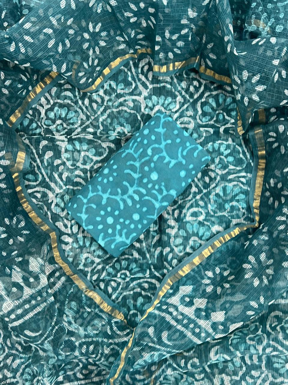 Teal Blue Bagru Hand Block Printed Kota Doriya Suit Set with Zari Border Dupatta