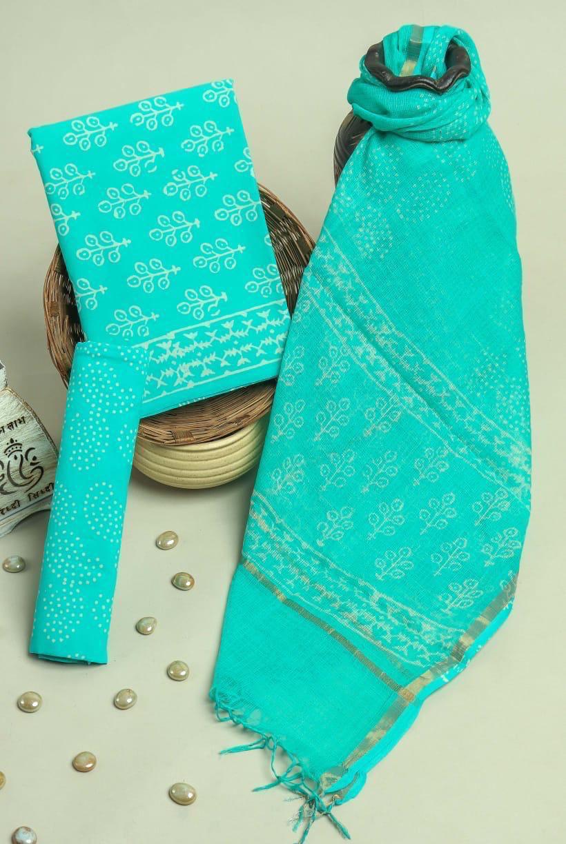 Elegant Turquoise Cotton Suit With Kota Doriya Dupatta