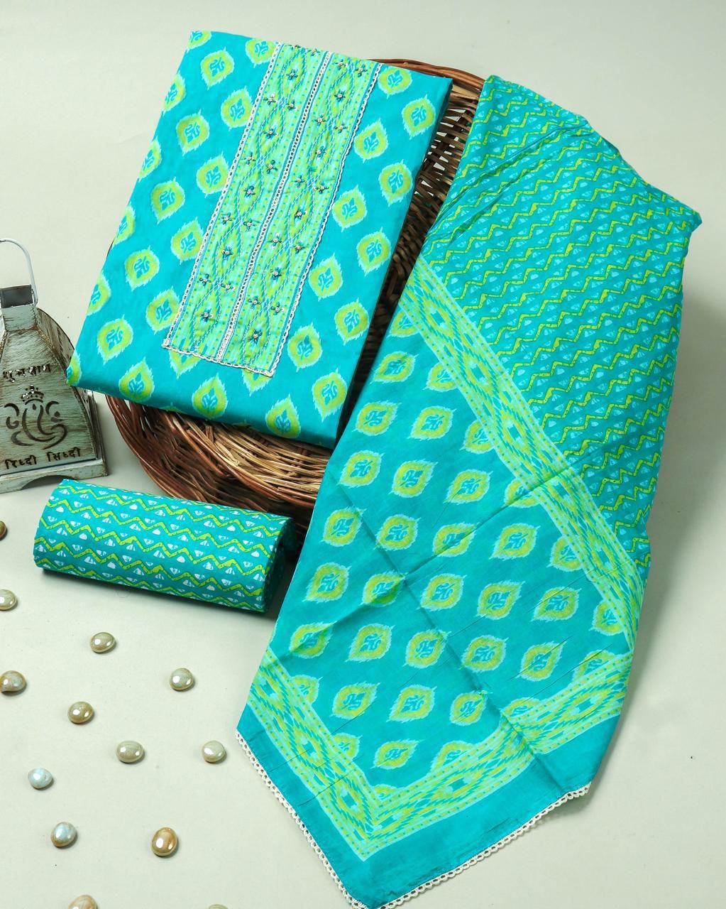 Turquoise Blue Sanganeri Print Cotton Suit Material with Cotton Dupatta