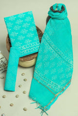 Elegant Turquoise Cotton Suit With Kota Doriya Dupatta