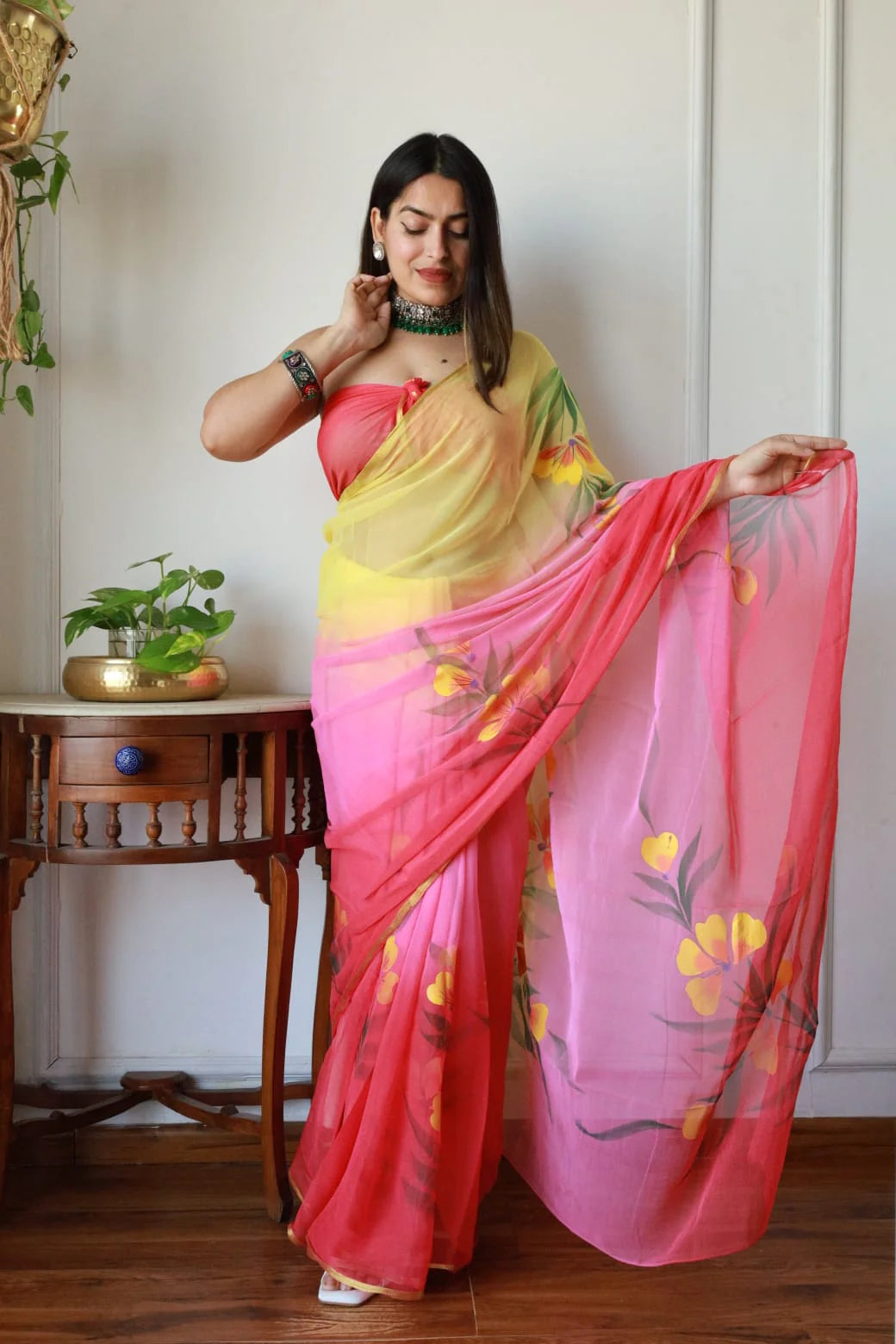Hand Brush Painted Chiffon Saree with Blouse