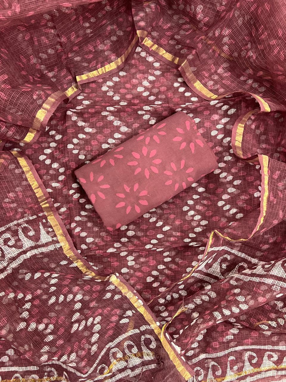 Wine Pink Bagru Hand Block Printed Kota Doriya Suit Set with Zari Border Dupatta