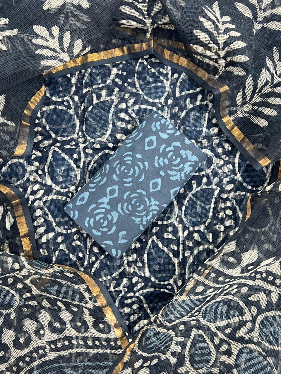 Navy Blue Bagru Hand Block Printed Kota Doriya Suit Set with Zari Border Dupatta