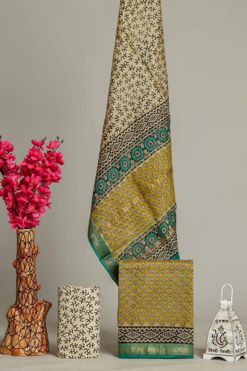 Hand block printed maheshwari silk suit with silk duppata ms18