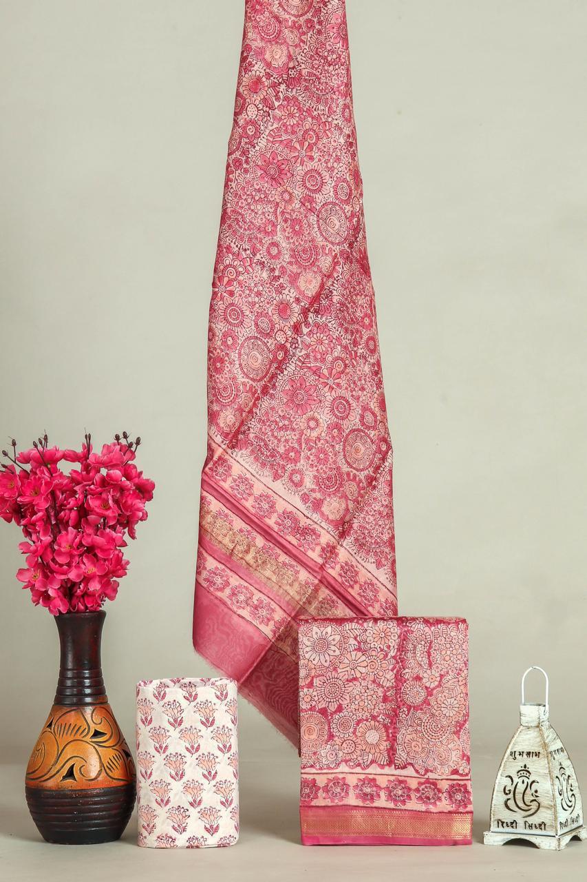 Hand block printed maheshwari silk suit with silk duppata ms12