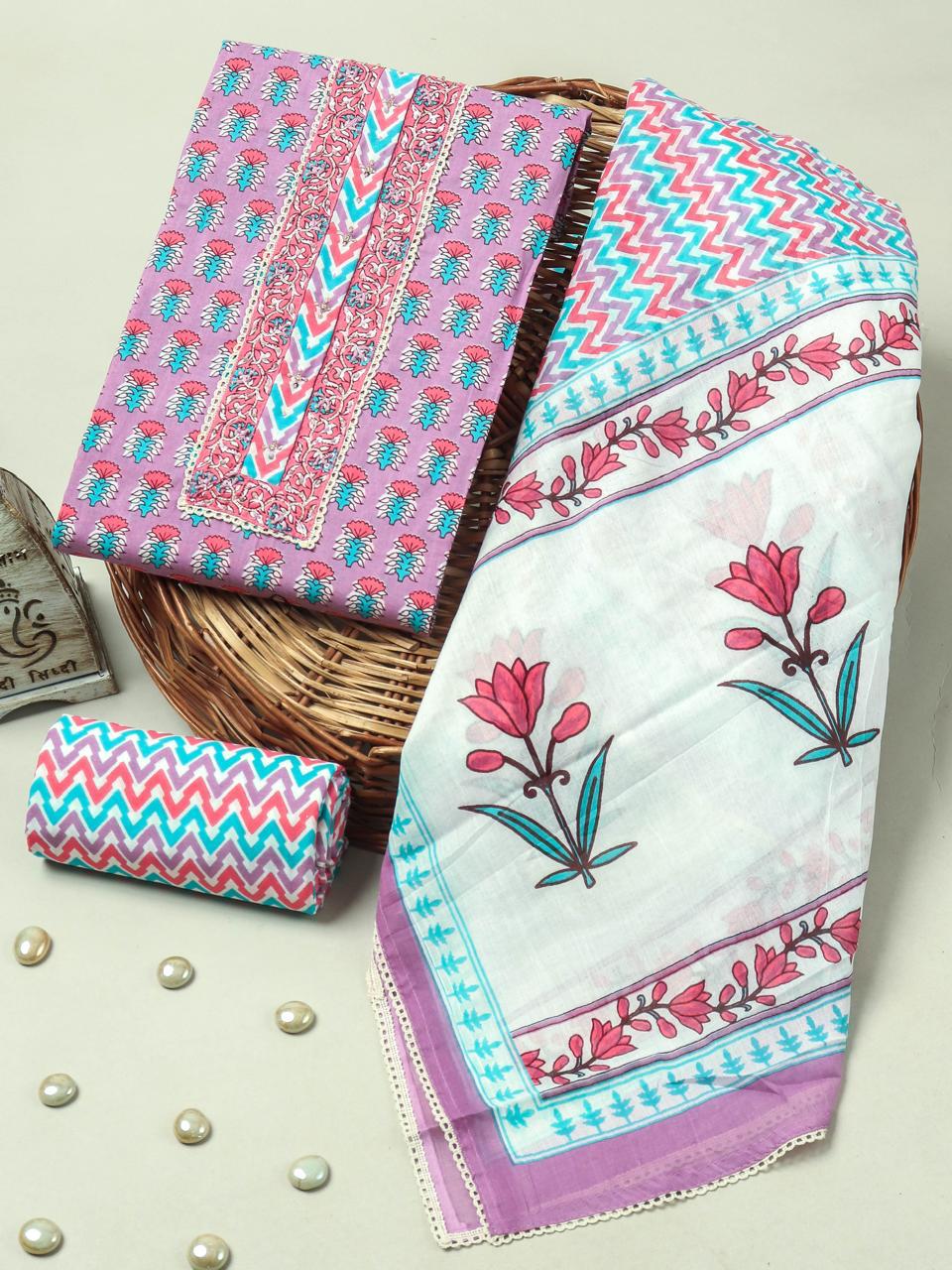 Handblock Print Gotta tye neck work Cotton Suit with Cotton Dupatta GCS04