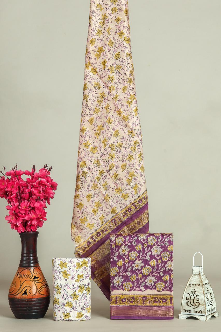 Hand block printed maheshwari silk suit with silk duppata ms06
