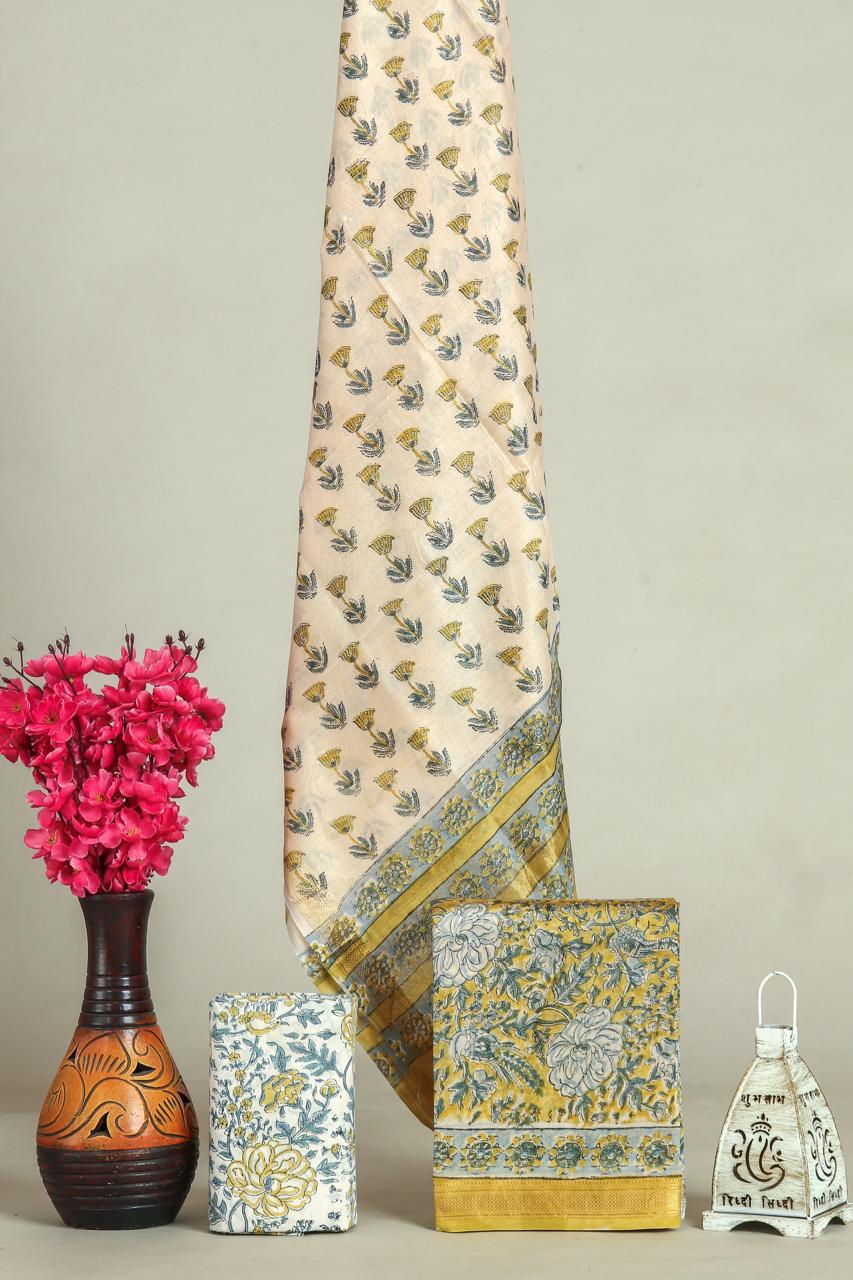 Hand block printed maheshwari silk suit with silk duppata ms09