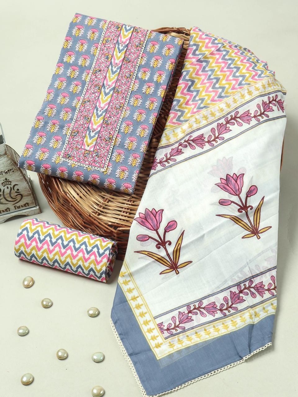 Handblock Print Gotta tye neck work Cotton Suit with Cotton Dupatta GCS06