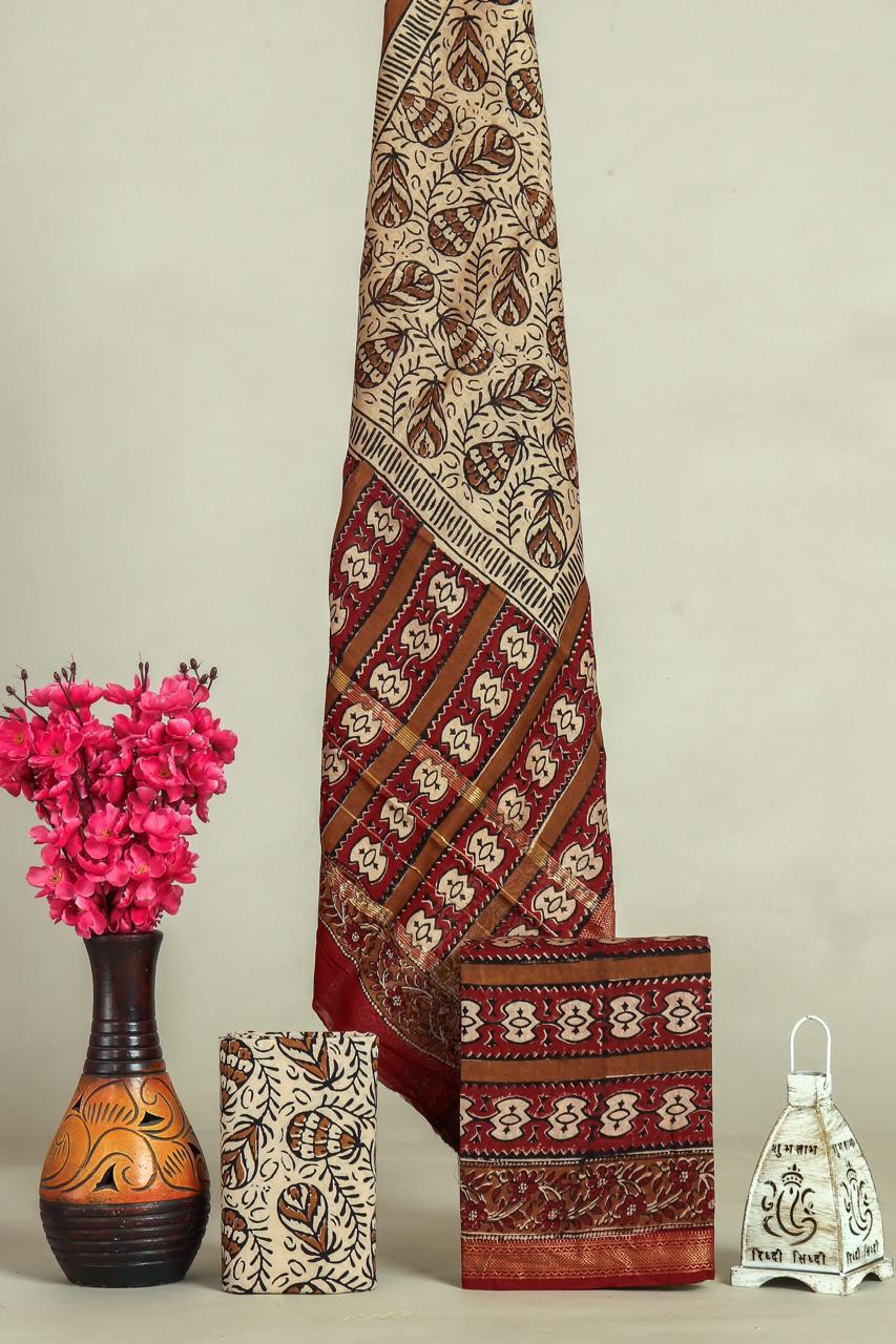 Hand block printed maheshwari silk suit with silk duppata ms21
