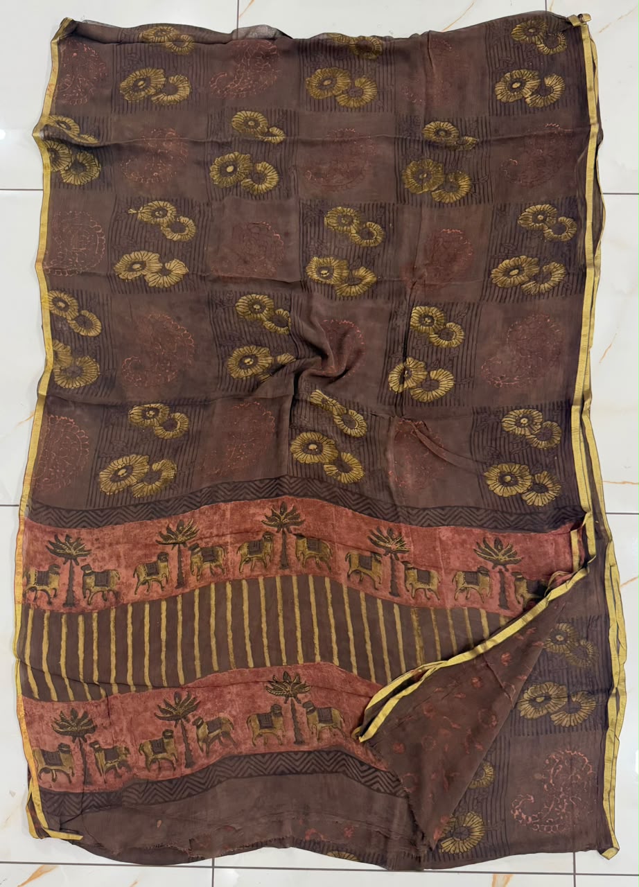 Pure Hand Block Printed Double Diamond Chiffon Saree DCS15