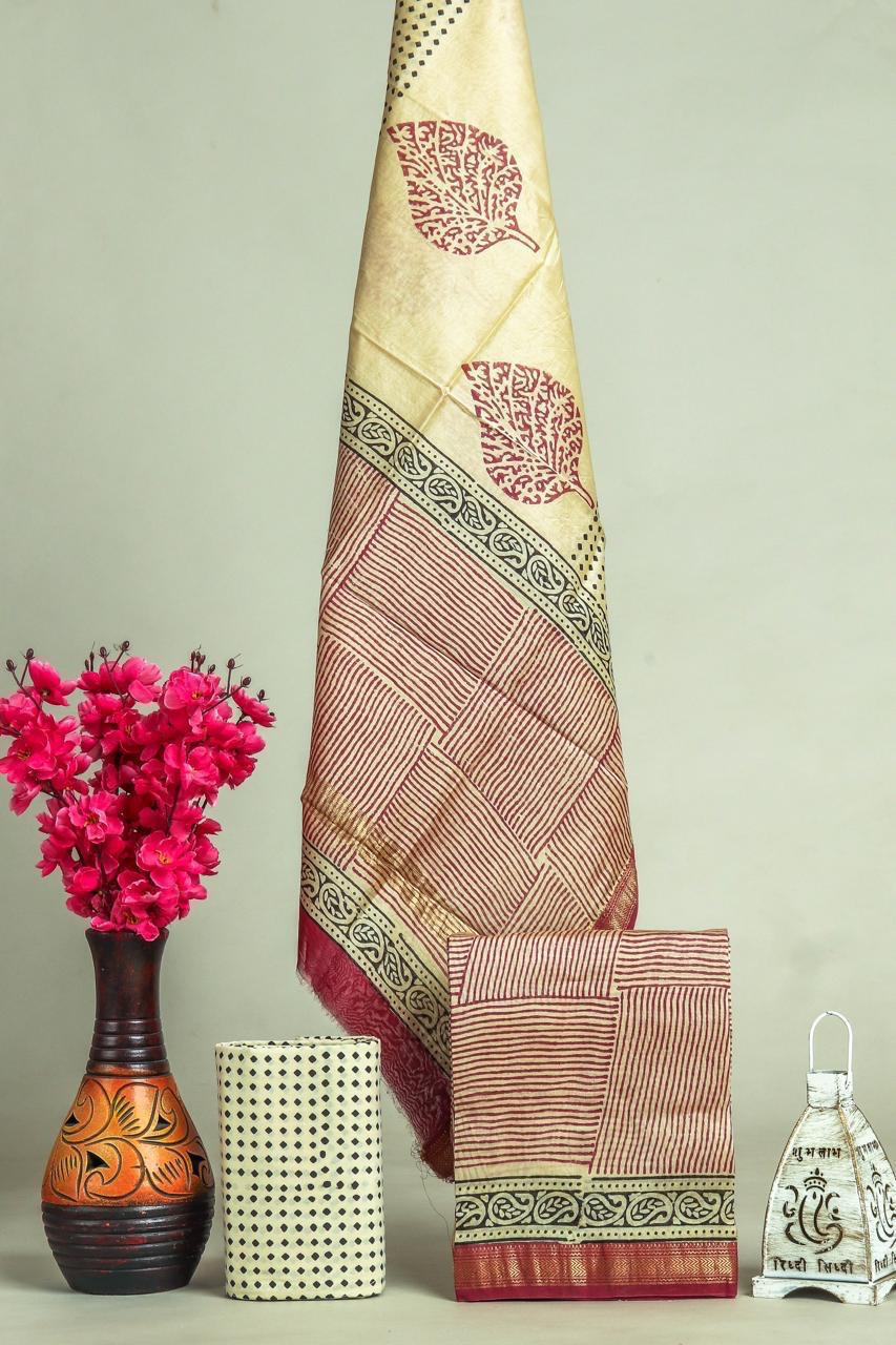 Hand block printed maheshwari silk suit with silk duppata ms16