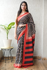 Rani Border Bagru Hand Block Mulmul Saree
