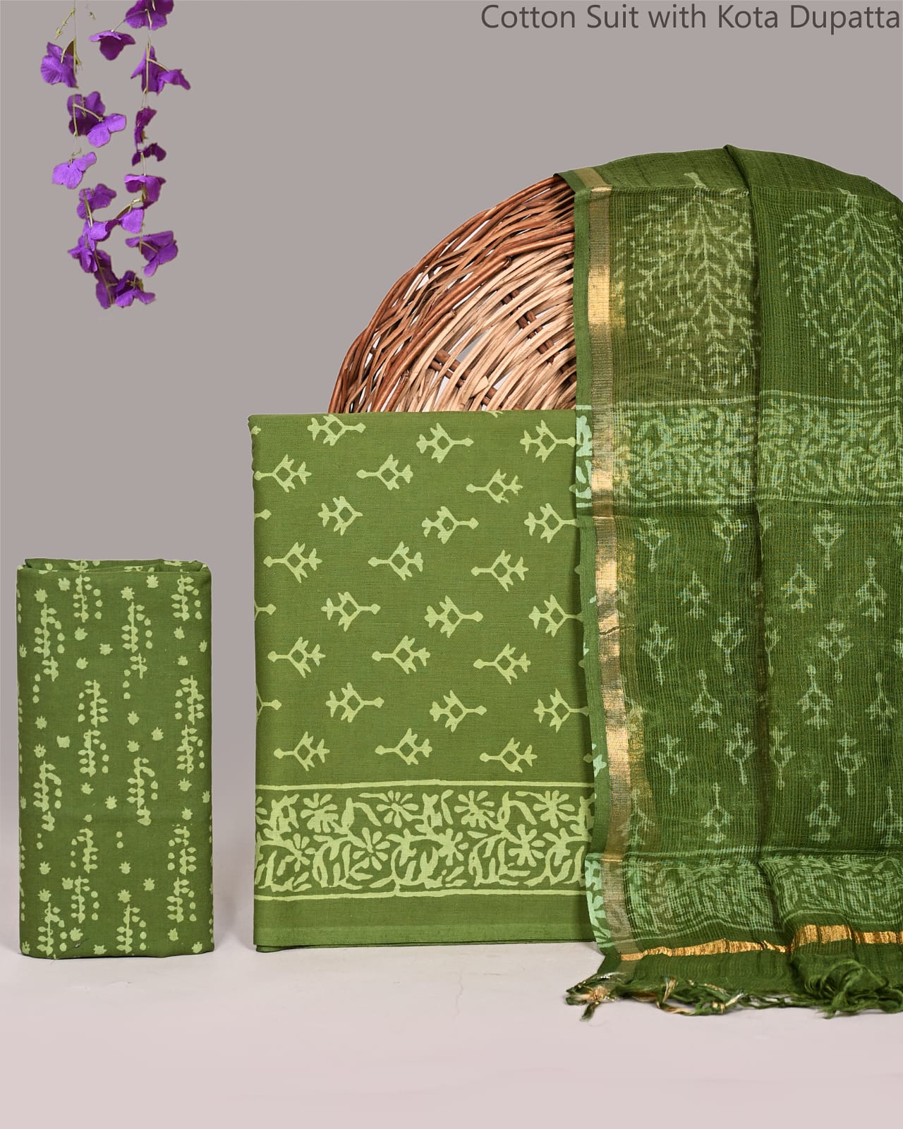Mehendi Bloom Cotton Suit with Kota Doriya Dupatta