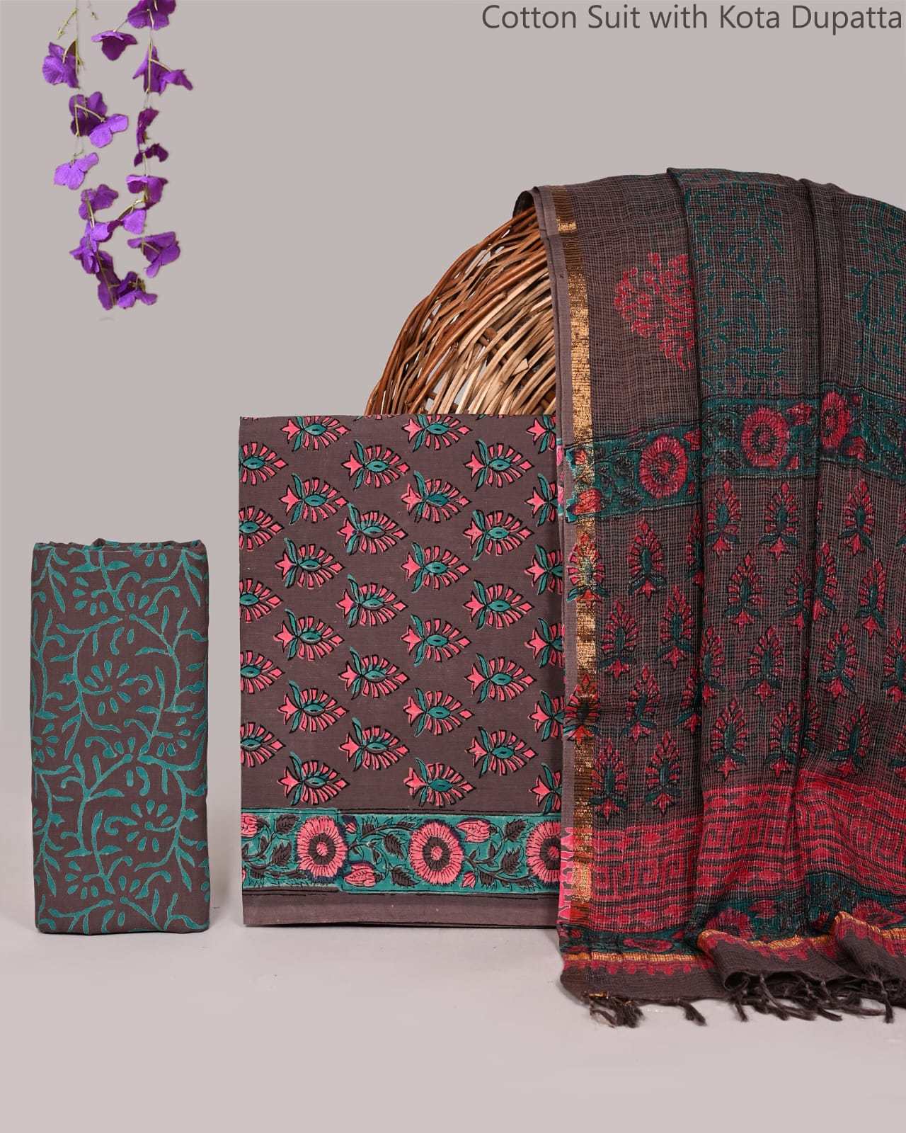 Mocha Bloom Cotton Suit with Kota Doriya Dupatta