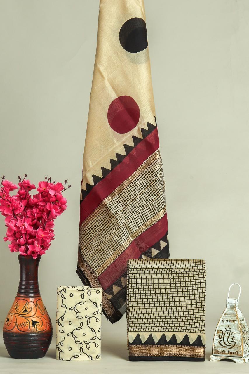 Hand block printed maheshwari silk suit with silk duppata ms20