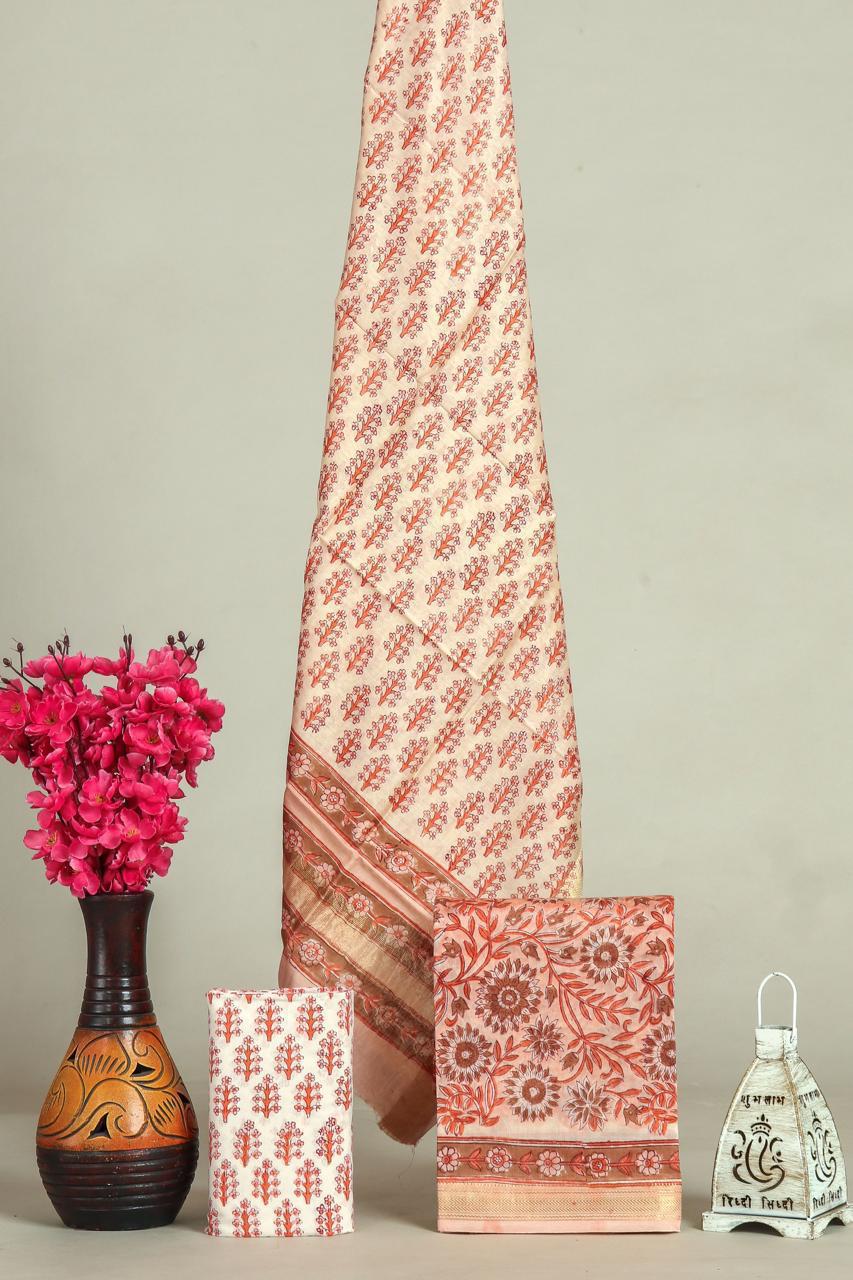 Hand block printed maheshwari silk suit with silk duppata ms10