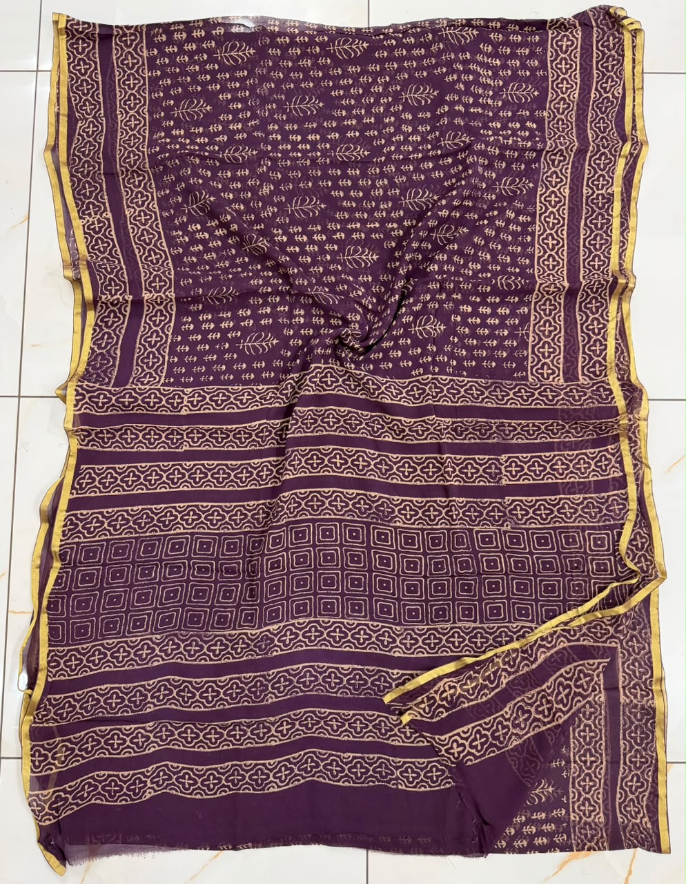 Pure Hand Block Printed Double Diamond Chiffon Saree DCS09