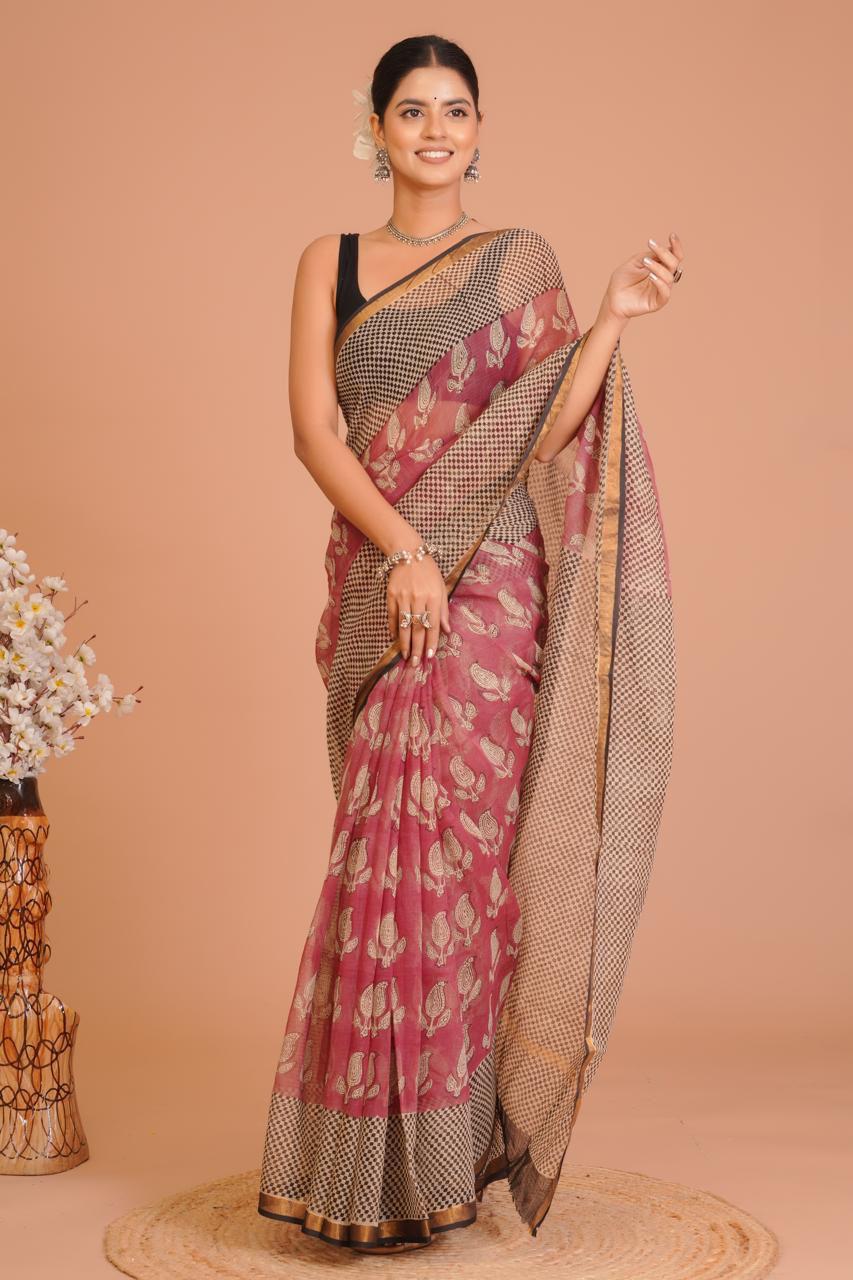 Hand Block Printed Kota Doriya Saree 02