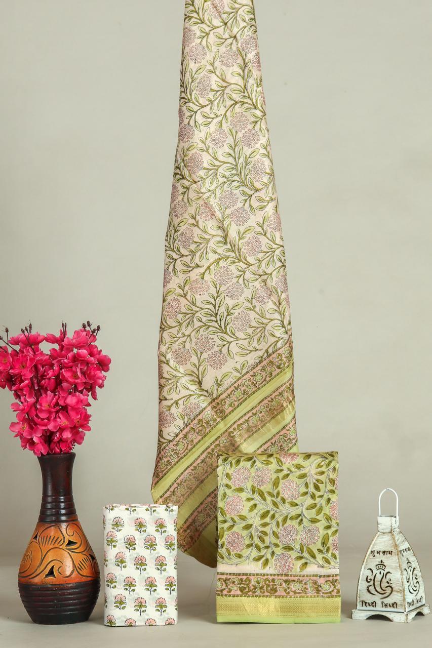 Hand block printed maheshwari silk suit with silk duppata ms07
