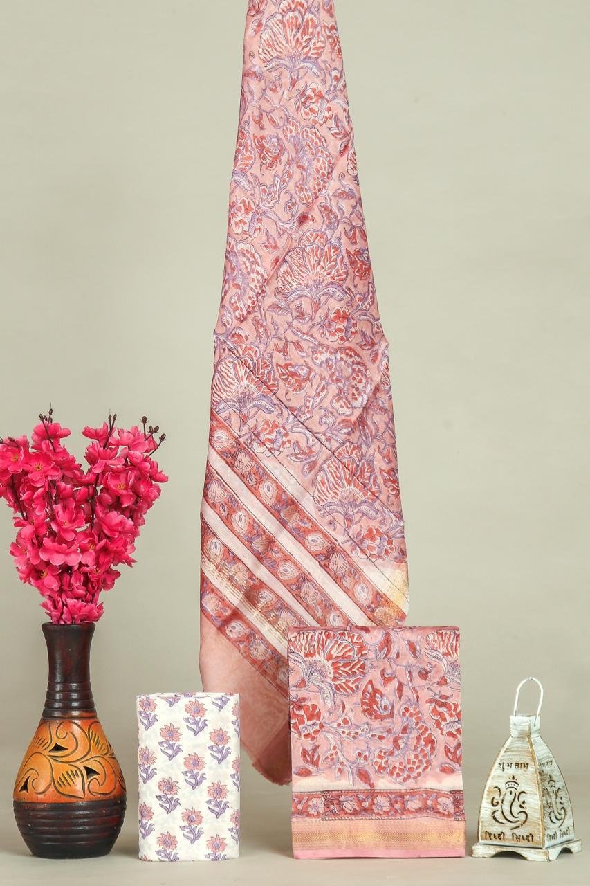 Hand block printed maheshwari silk suit with silk duppata ms02