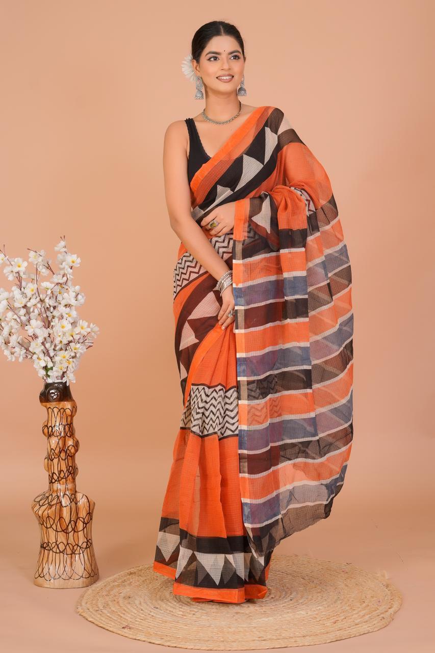 Hand Block Printed Kota Doriya Saree 09