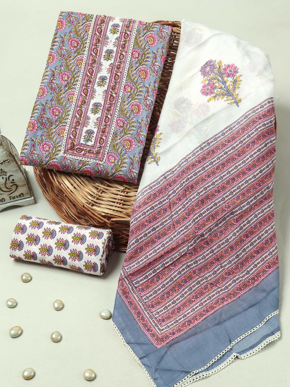 Handblock Print Gotta tye neck work Cotton Suit with Cotton Dupatta GCS11