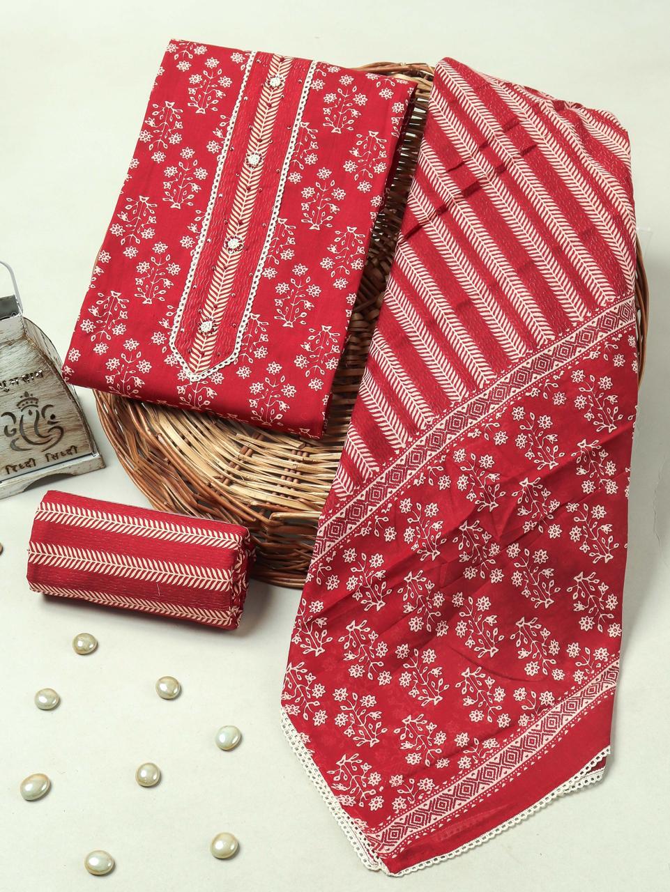 Handblock Print Gotta tye neck work Cotton Suit with Cotton Dupatta GCS01