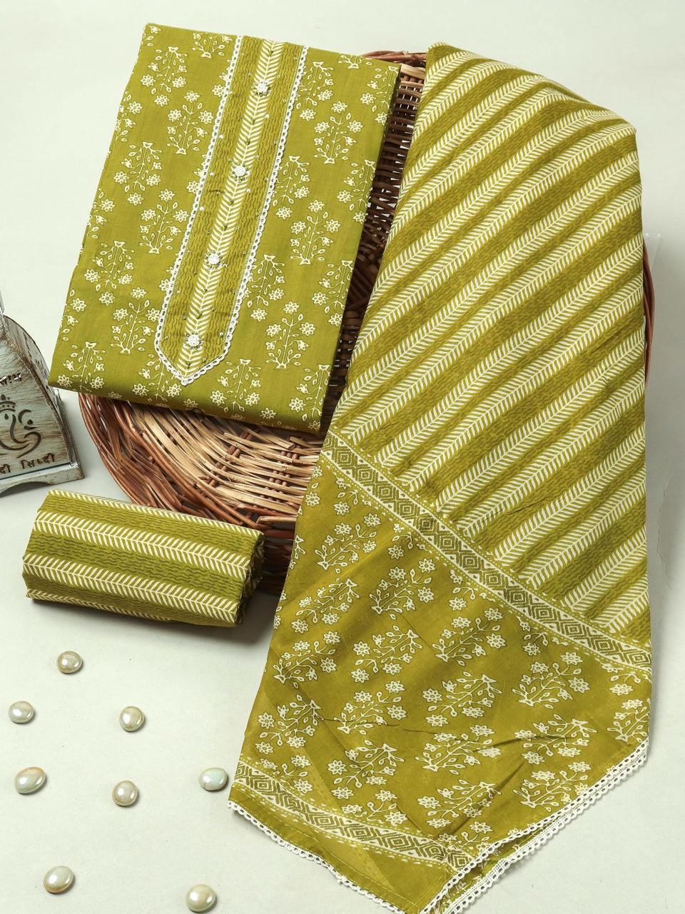 Handblock Print Gotta tye neck work Cotton Suit with Cotton Dupatta GCS02