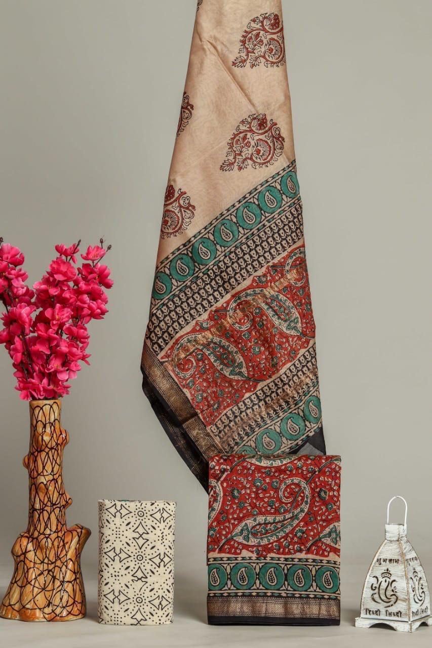 Hand block printed maheshwari silk suit with silk duppata ms18