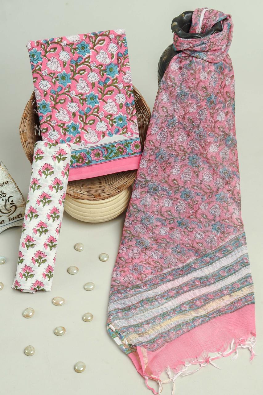 Rosy Floral Grace Cotton Suit with Kota Doriya Dupatta