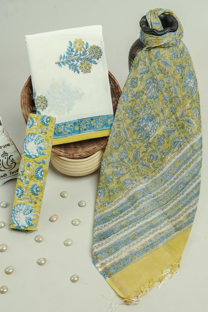 Yellow Floral Elegance Cotton Suit with Kota Doriya Dupatta