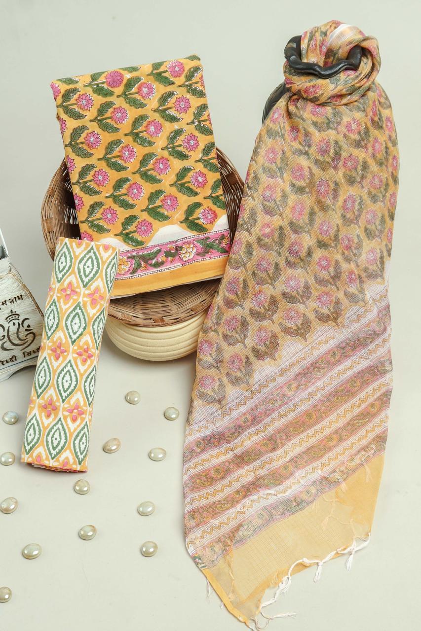 Mustard Floral Grace Cotton Suit with Kota Doriya Dupatta