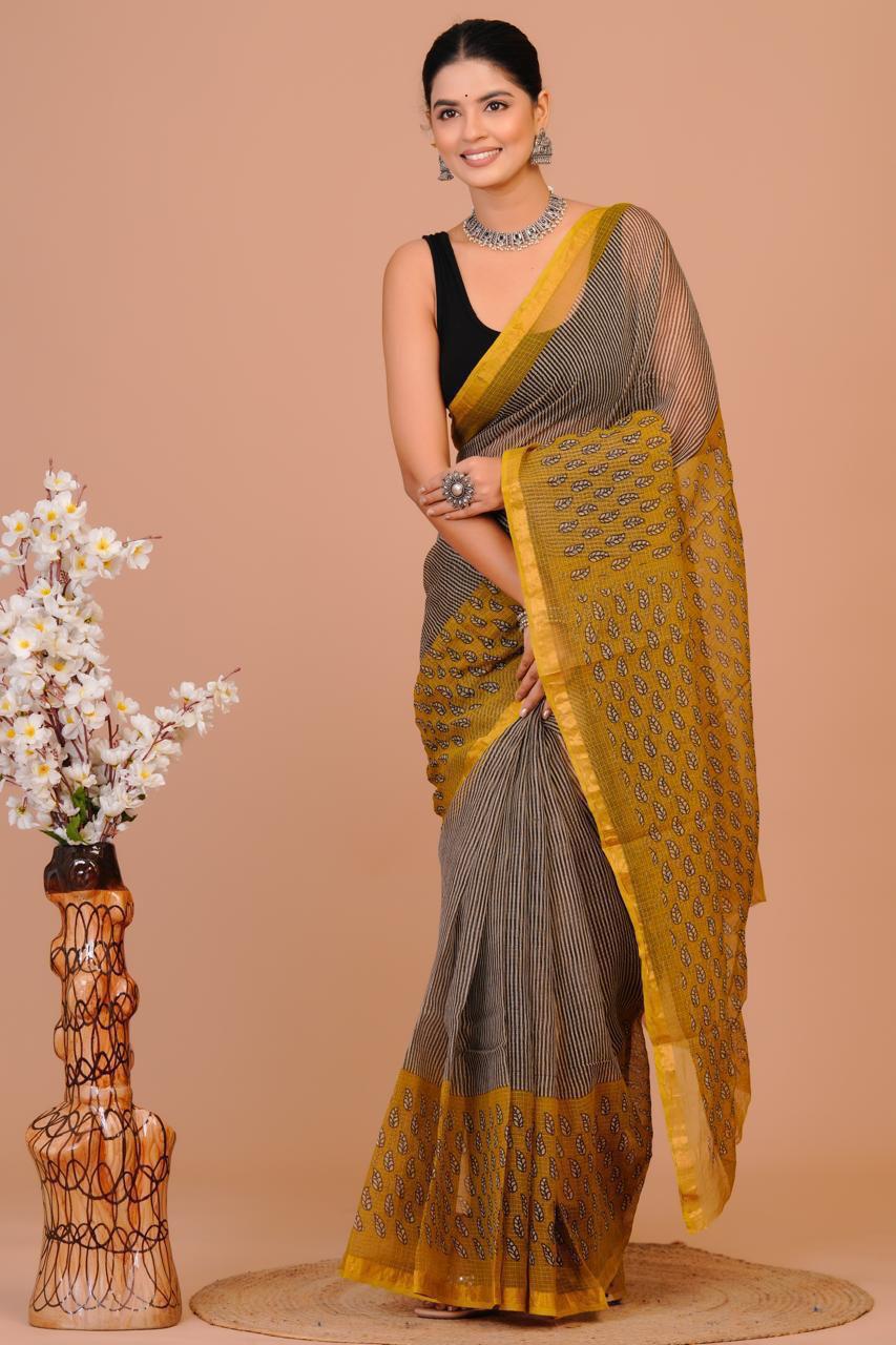 Hand Block Printed Kota Doriya Saree 17