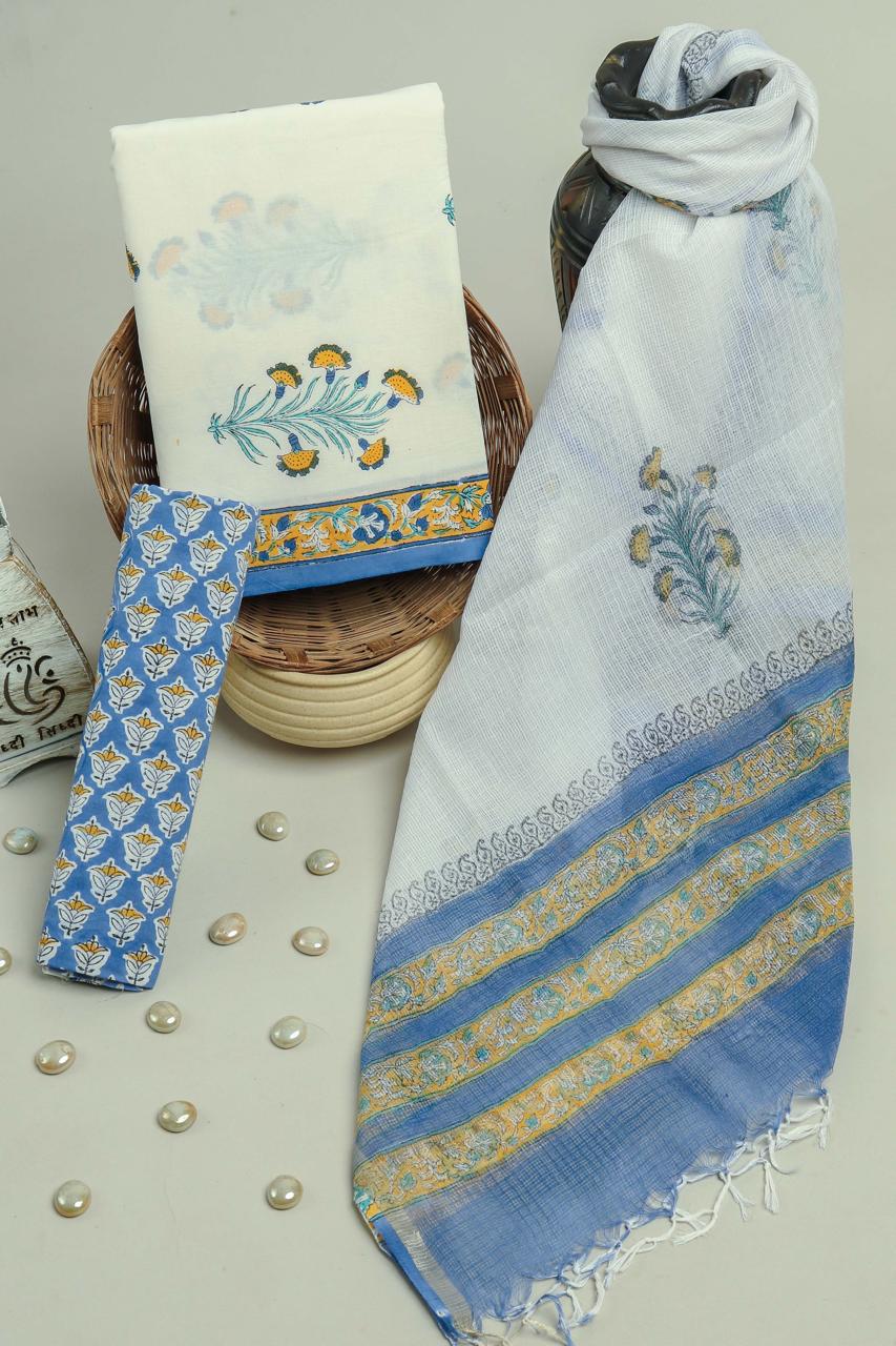 Sky Bloom Cotton Suit with Kota Doriya Dupatta