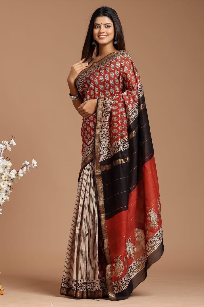 Maheshwari Silk Saree – Elegant Bagru Print | With Blouse Piece