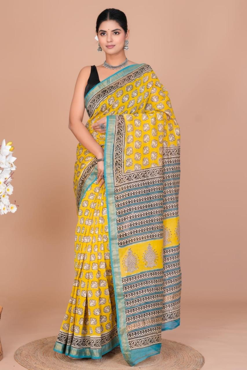 Maheshwari Silk Saree – Elegant Bagru Print | With Blouse Piece