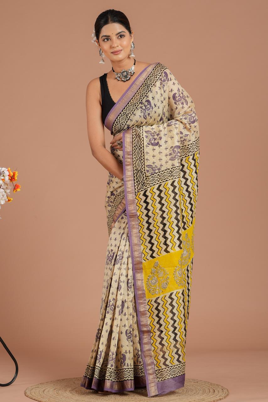 Maheshwari Silk Saree – Elegant Bagru Print | With Blouse Piece