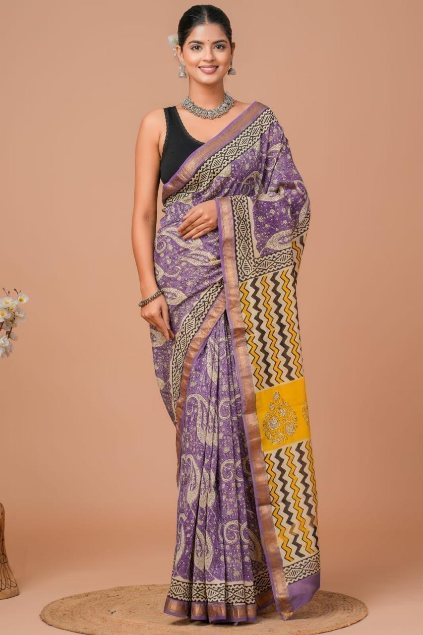 Maheshwari Silk Saree – Elegant Bagru Print | With Blouse Piece