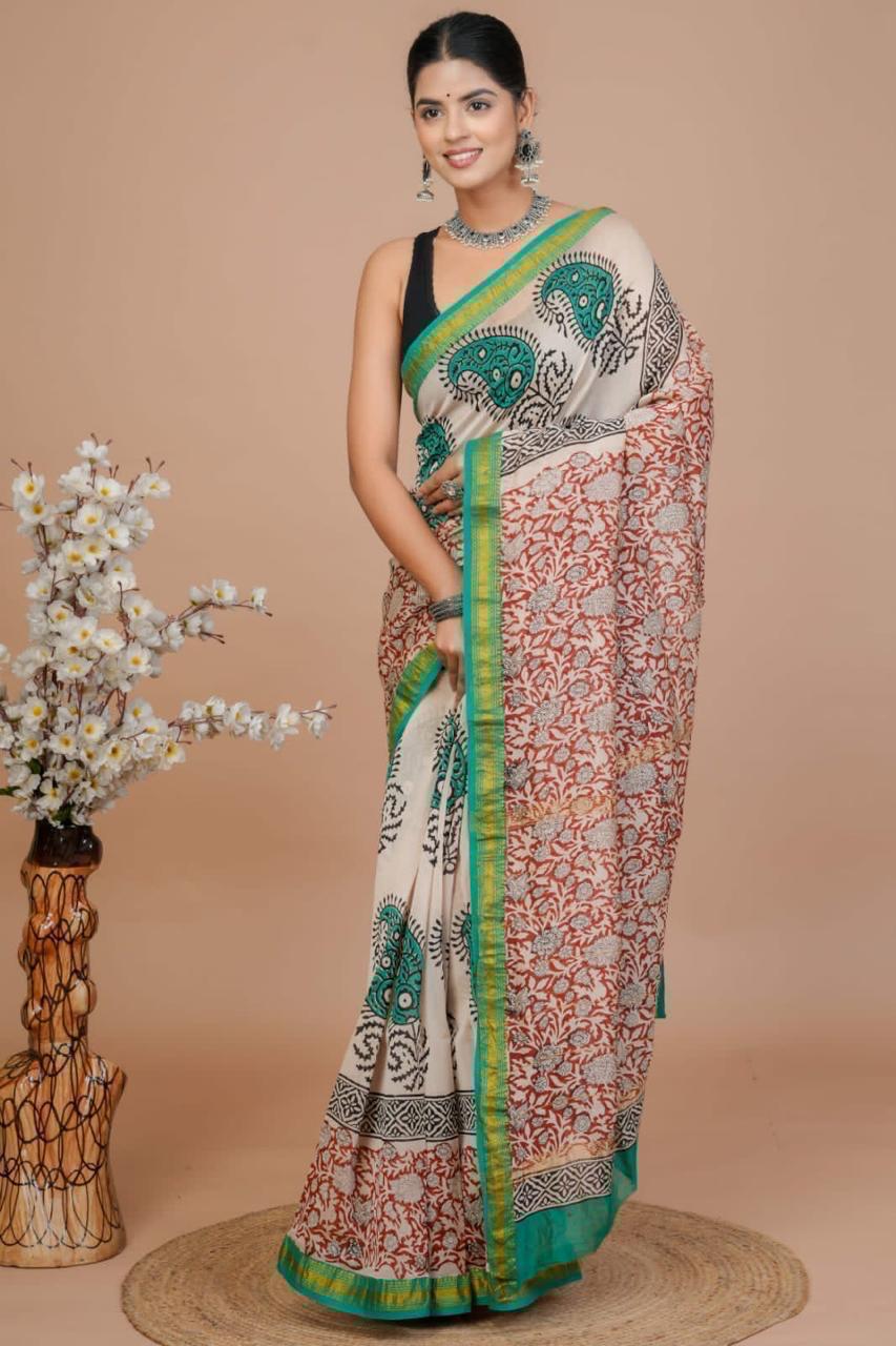 Maheshwari Silk Saree – Elegant Bagru Print | With Blouse Piece