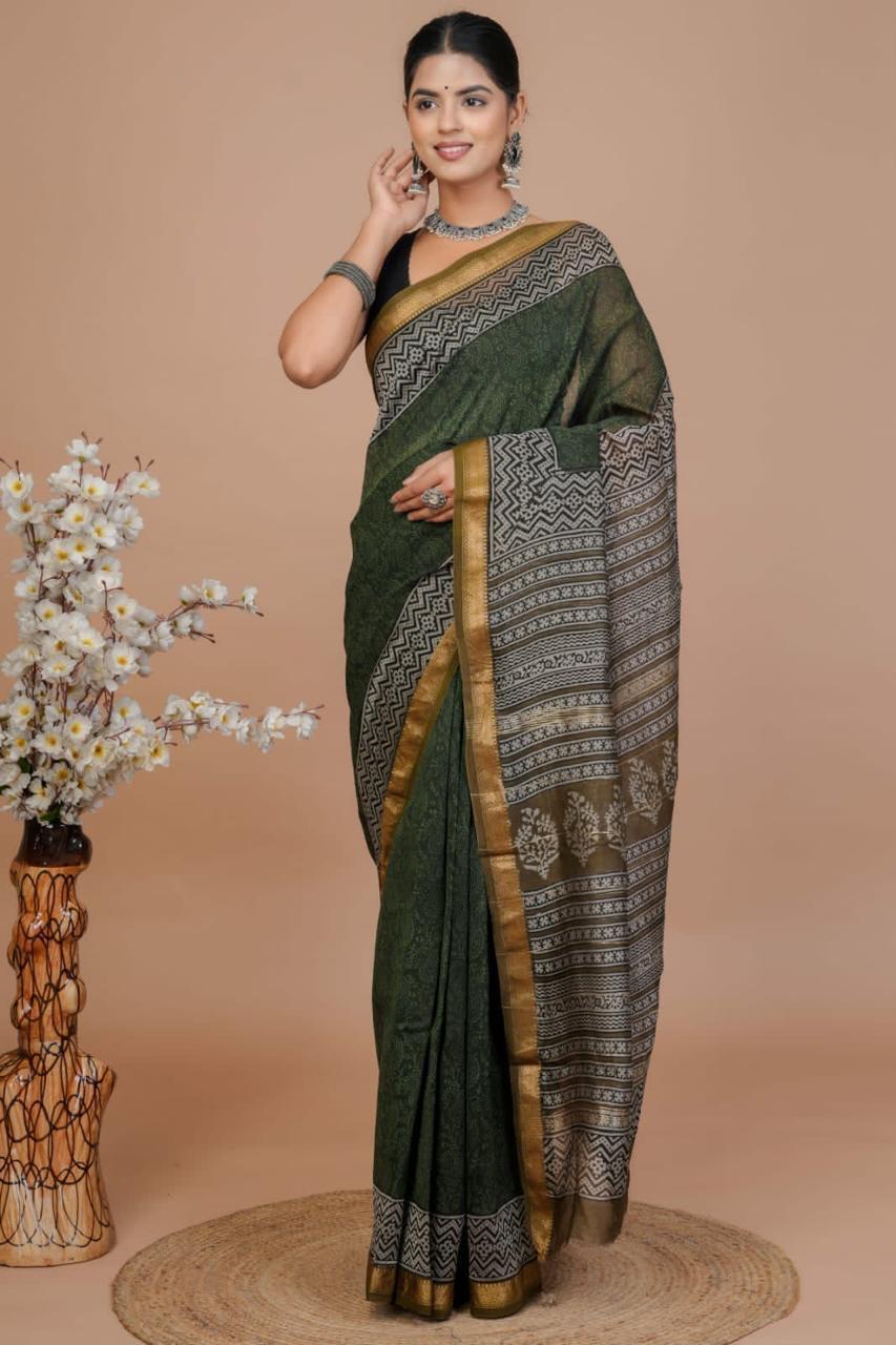 Maheshwari Silk Saree – Elegant Bagru Print | With Blouse Piece