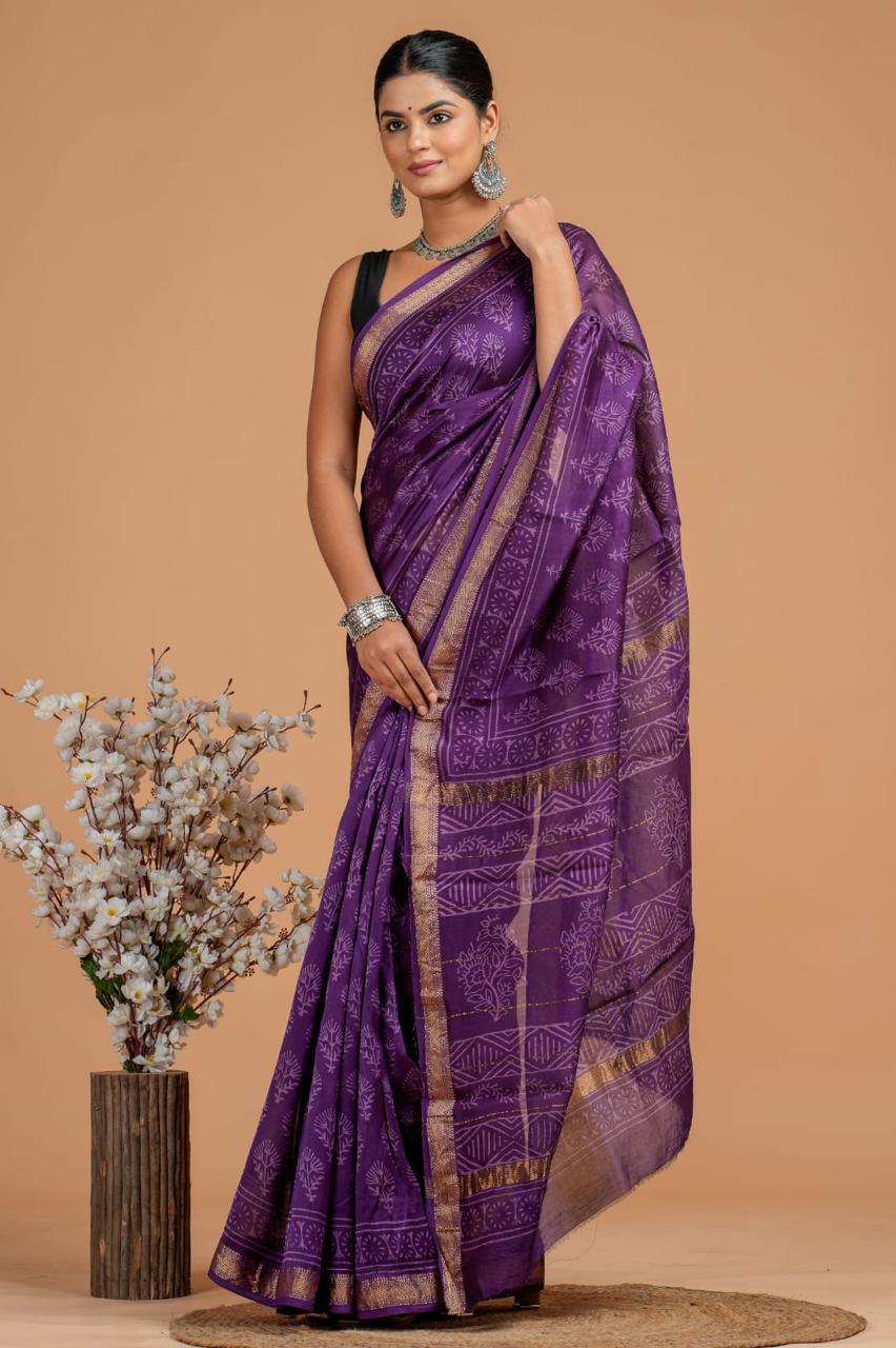 Maheshwari Silk Saree – Elegant Bagru Print | With Blouse Piece