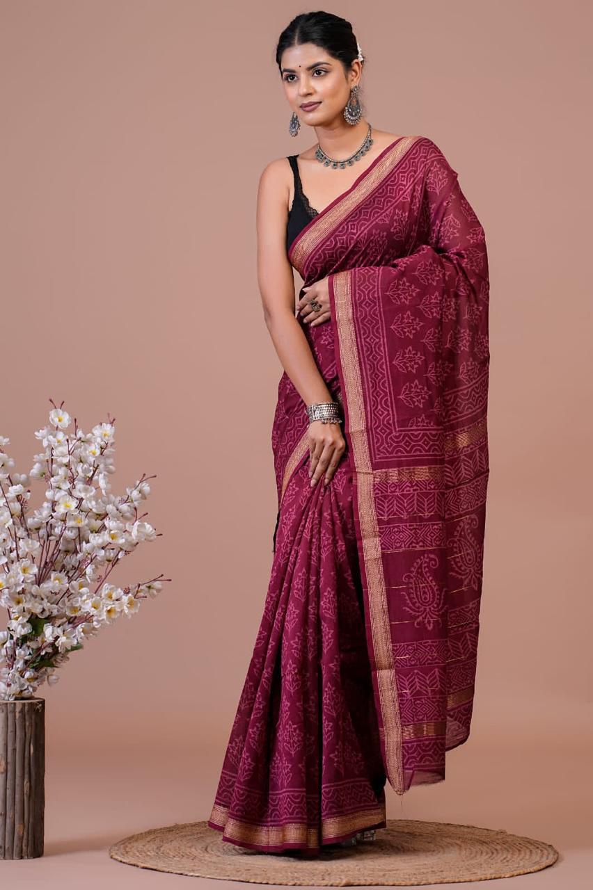 Maheshwari Silk Saree – Elegant Bagru Print | With Blouse Piece