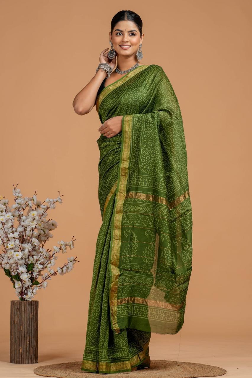 Maheshwari Silk Saree – Elegant Bagru Print | With Blouse Piece