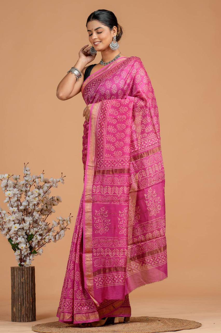 Maheshwari Silk Saree – Elegant Bagru Print | With Blouse Piece
