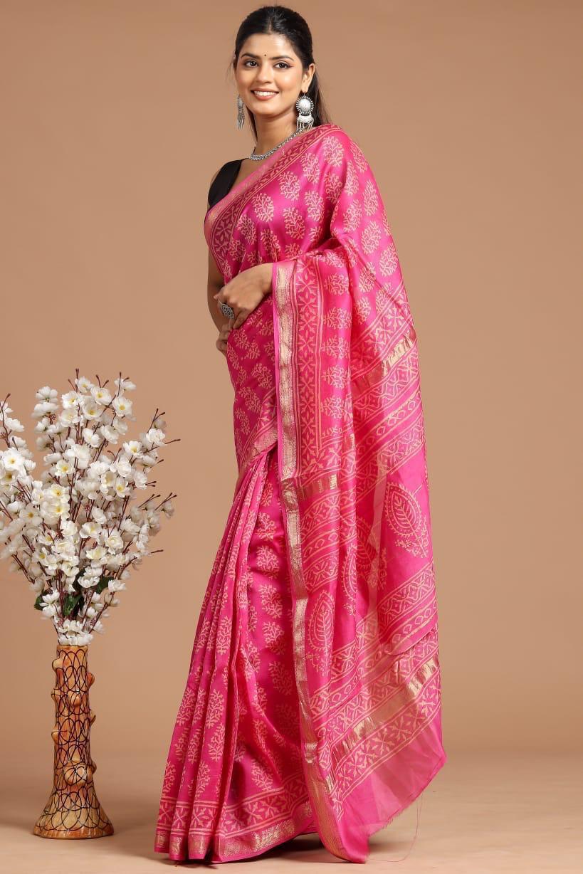 Maheshwari Silk Saree – Elegant Bagru Print | With Blouse Piece