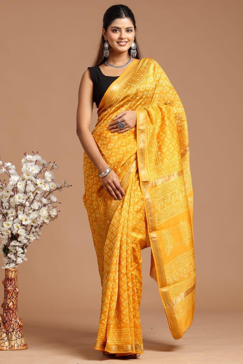 Maheshwari Silk Saree – Elegant Bagru Print | With Blouse Piece
