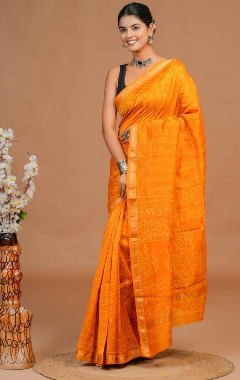 Maheshwari Silk Saree – Elegant Bagru Print | With Blouse Piece