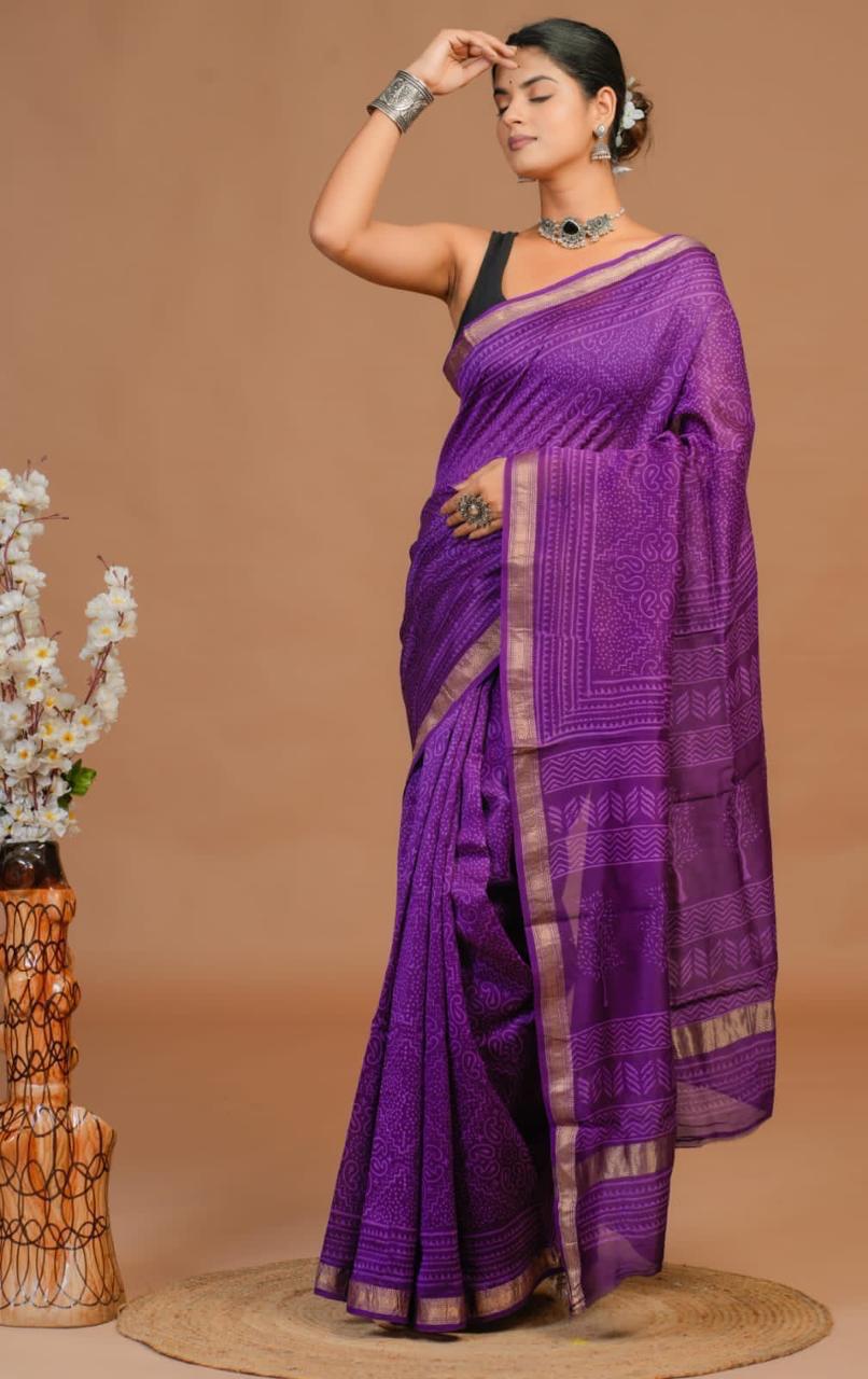 Maheshwari Silk Saree – Elegant Bagru Print | With Blouse Piece